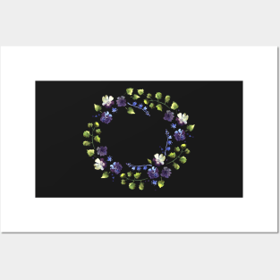 Watercolor wreath with blue flowers Posters and Art